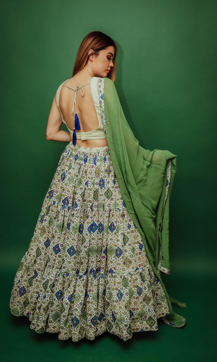 Green Sequin Print Lehenga Choli Set-Raas USA