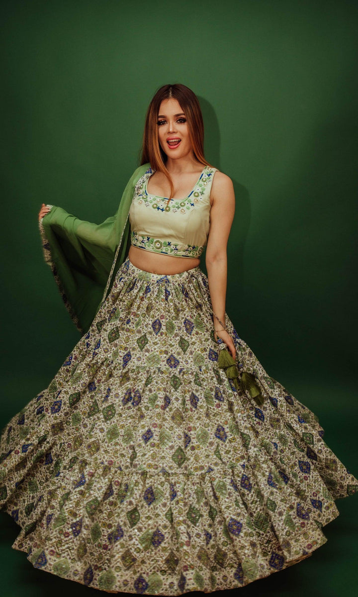 Green Sequin Print Lehenga Choli Set-Raas USA