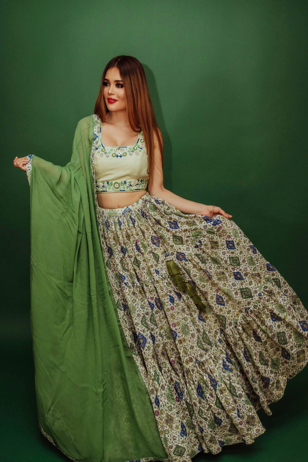 Green Sequin Print Lehenga Choli Set CHANIYA CHOLI RAAS