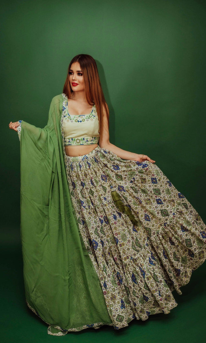 Green Sequin Print Lehenga Choli Set-Raas USA