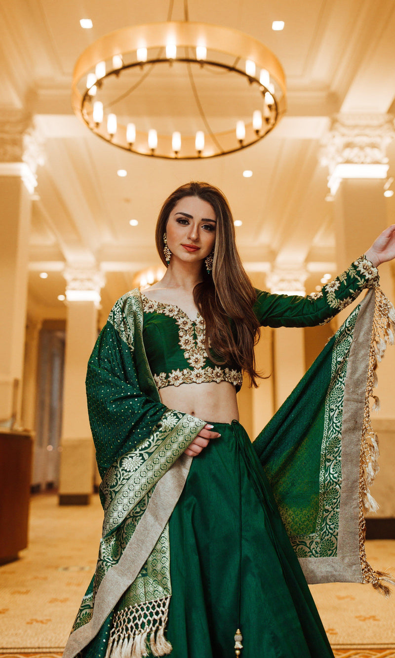 Green Silk Lehenga Choli with Heavy Embroidery-[comfort-first-design]-[lightweight]-Raas