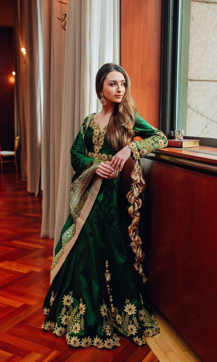 Green Silk Lehenga Choli with Heavy Embroidery-Raas USA