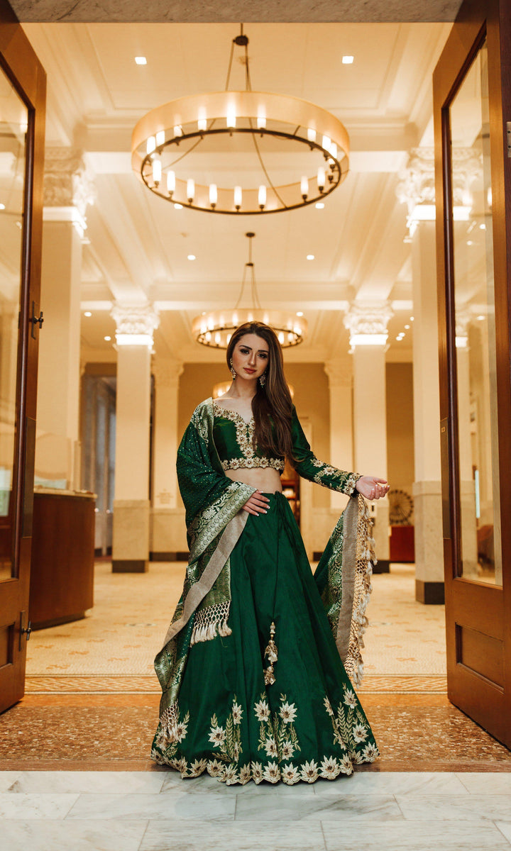 Green Silk Lehenga Choli with Heavy Embroidery-Raas USA