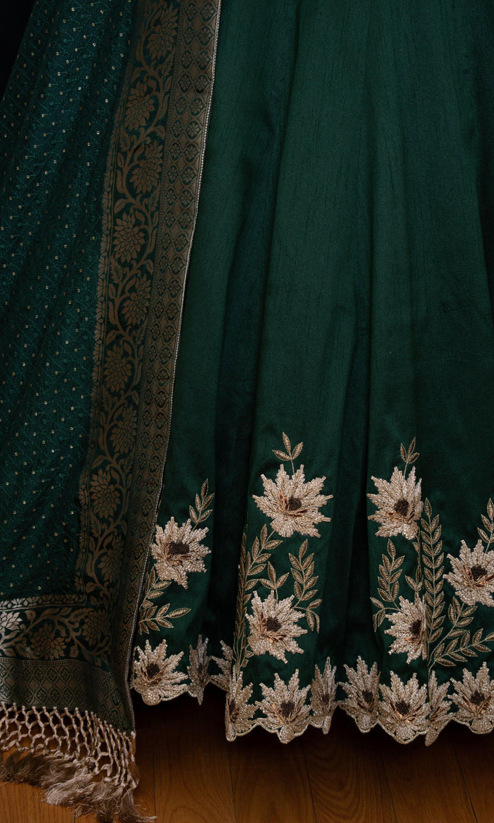 Green Silk Lehenga Choli with Heavy Embroidery-Raas USA