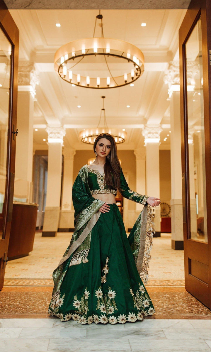 Green Silk Lehenga Choli with Heavy Embroidery-Raas USA