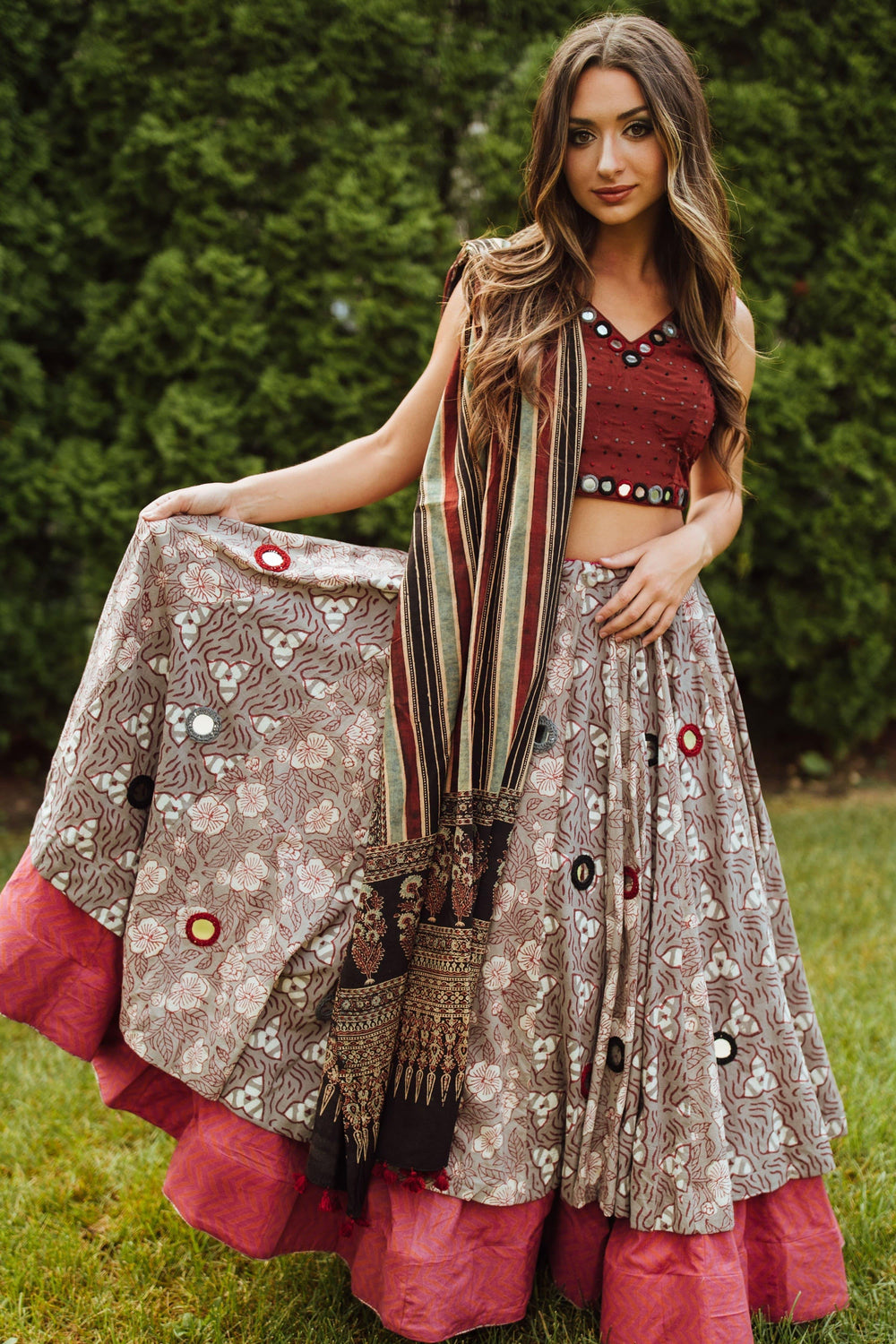 Hand Embroidered Multicolor Chaniya Choli Set-[mirror work]-Raas