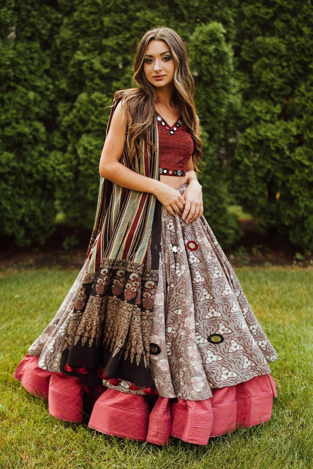 Hand Embroidered Multicolor Chaniya Choli Set-[mirror work]-Raas