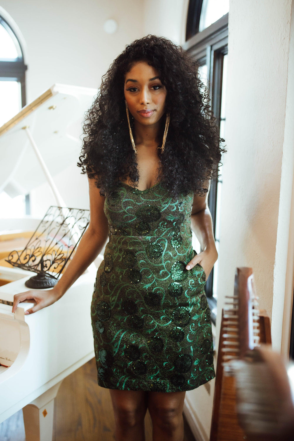 Kaira Green Short Dress: Woman in an embroidered green net mini dress with a sleeveless, fully lined design.