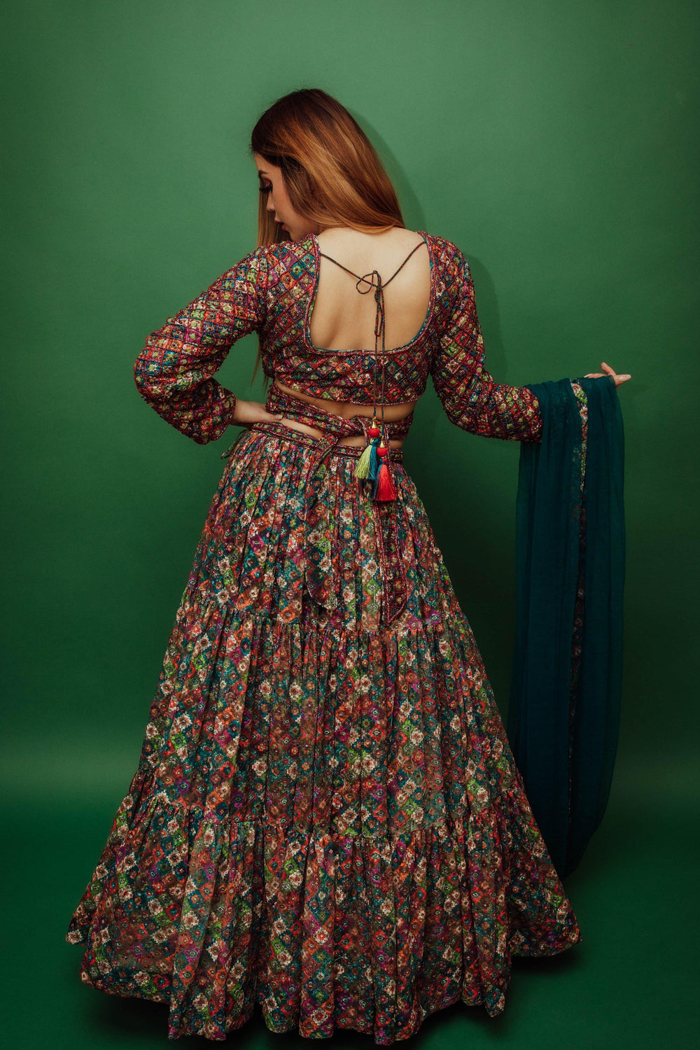 Long Sleeve Multicolor Sequin Lehenga-[mehendi outfit]-Raas