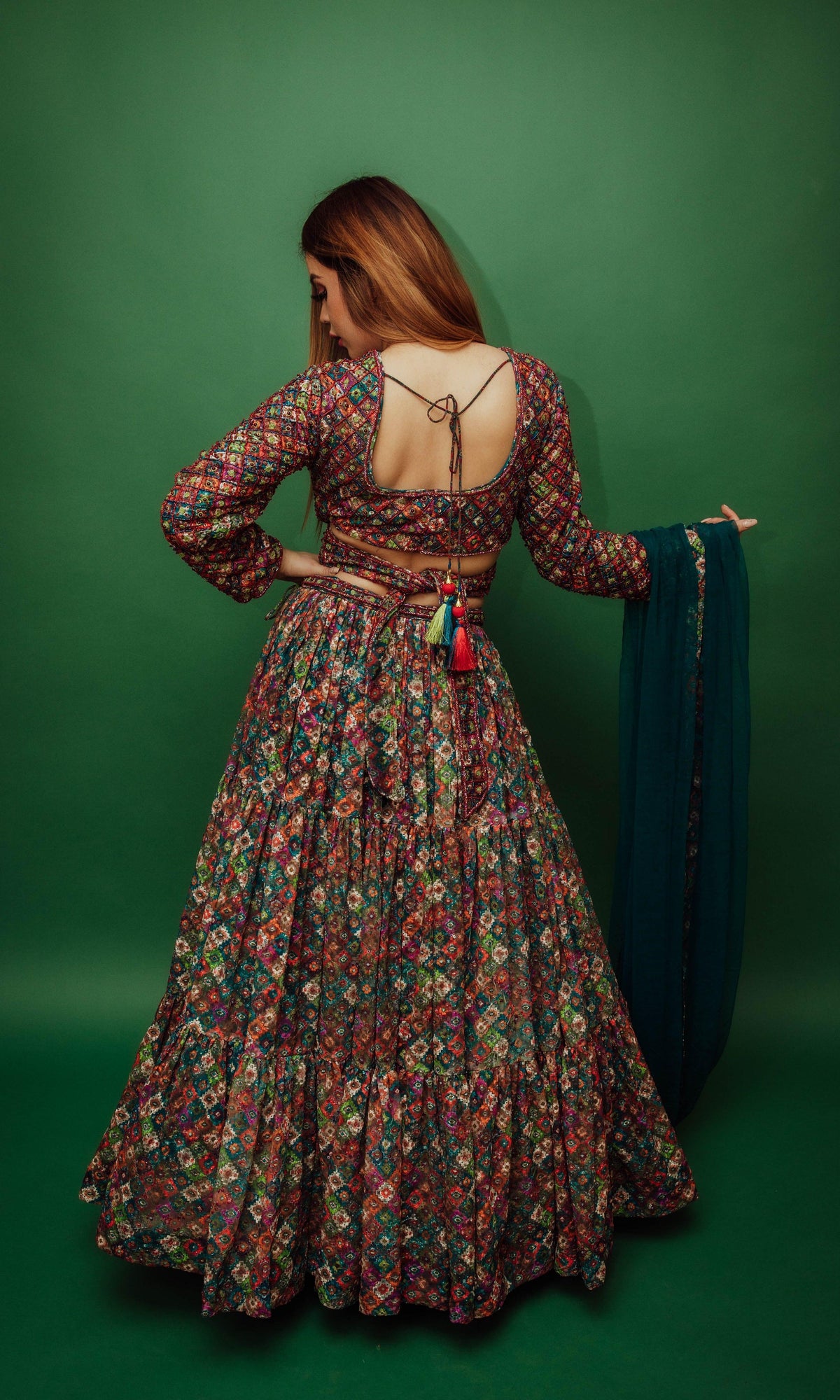 Long Sleeve Multicolor Sequin Lehenga-[mehendi outfit]-Raas
