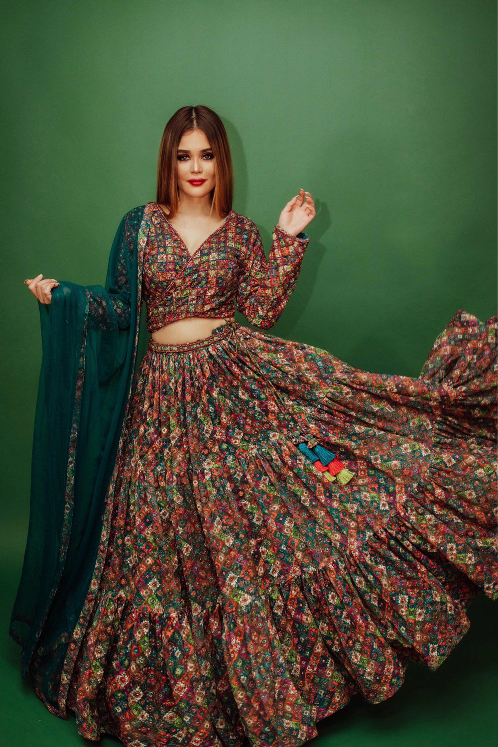 Long Sleeve Multicolor Sequin Lehenga-[mehendi outfit]-Raas