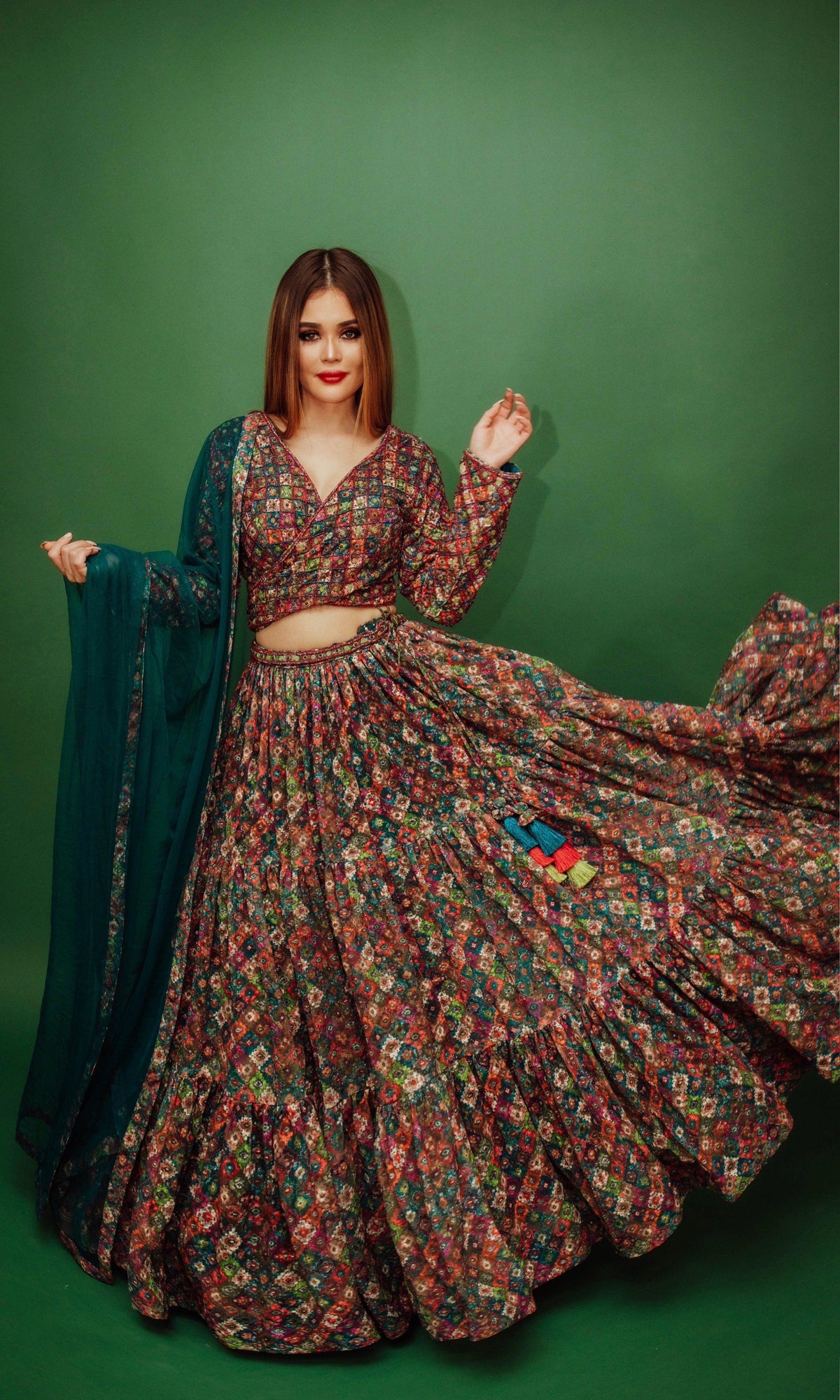 Long Sleeve Multicolor Sequin Lehenga-[mehendi outfit]-Raas