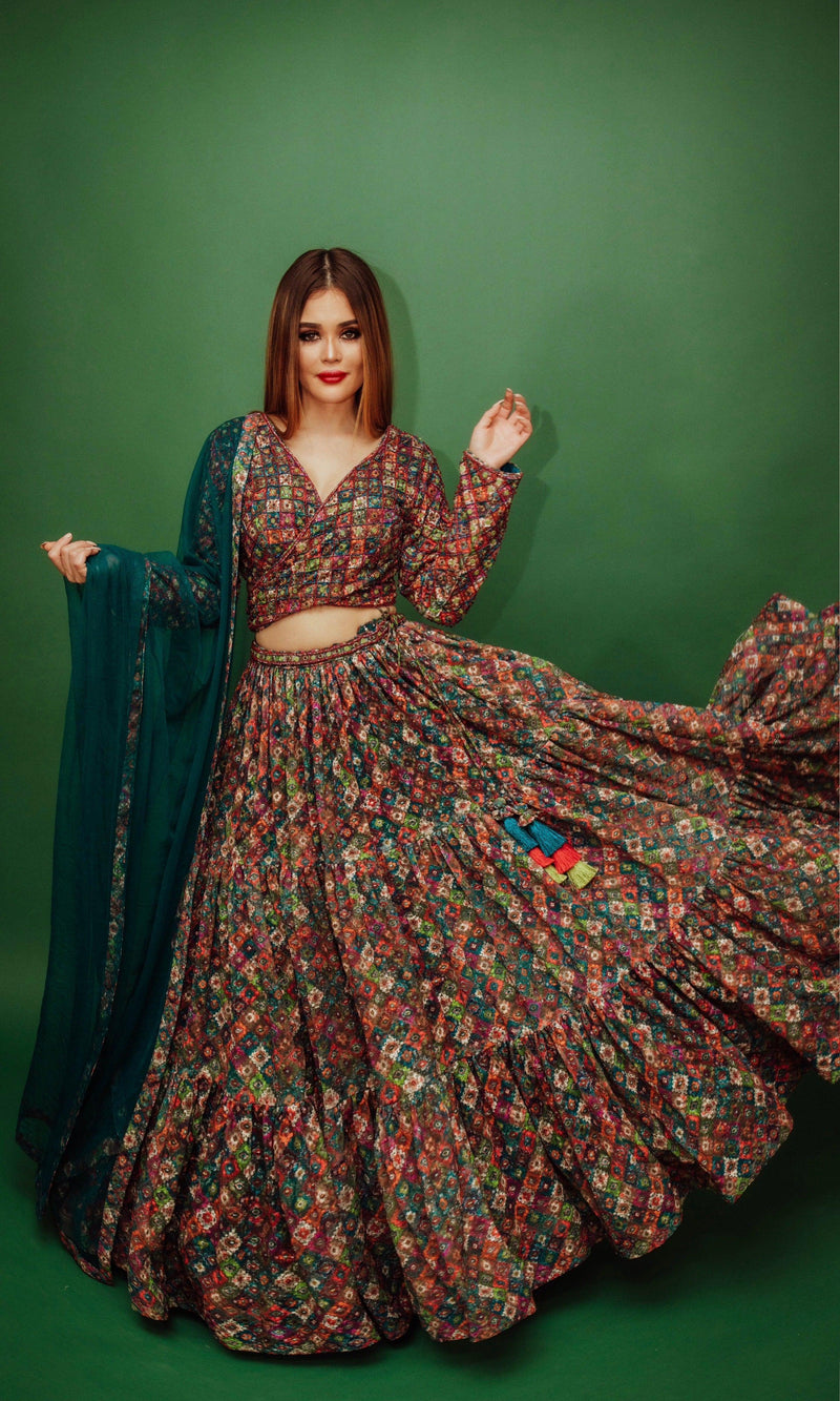 Long Sleeve Multicolor Sequin Lehenga-[mehendi outfit]-Raas