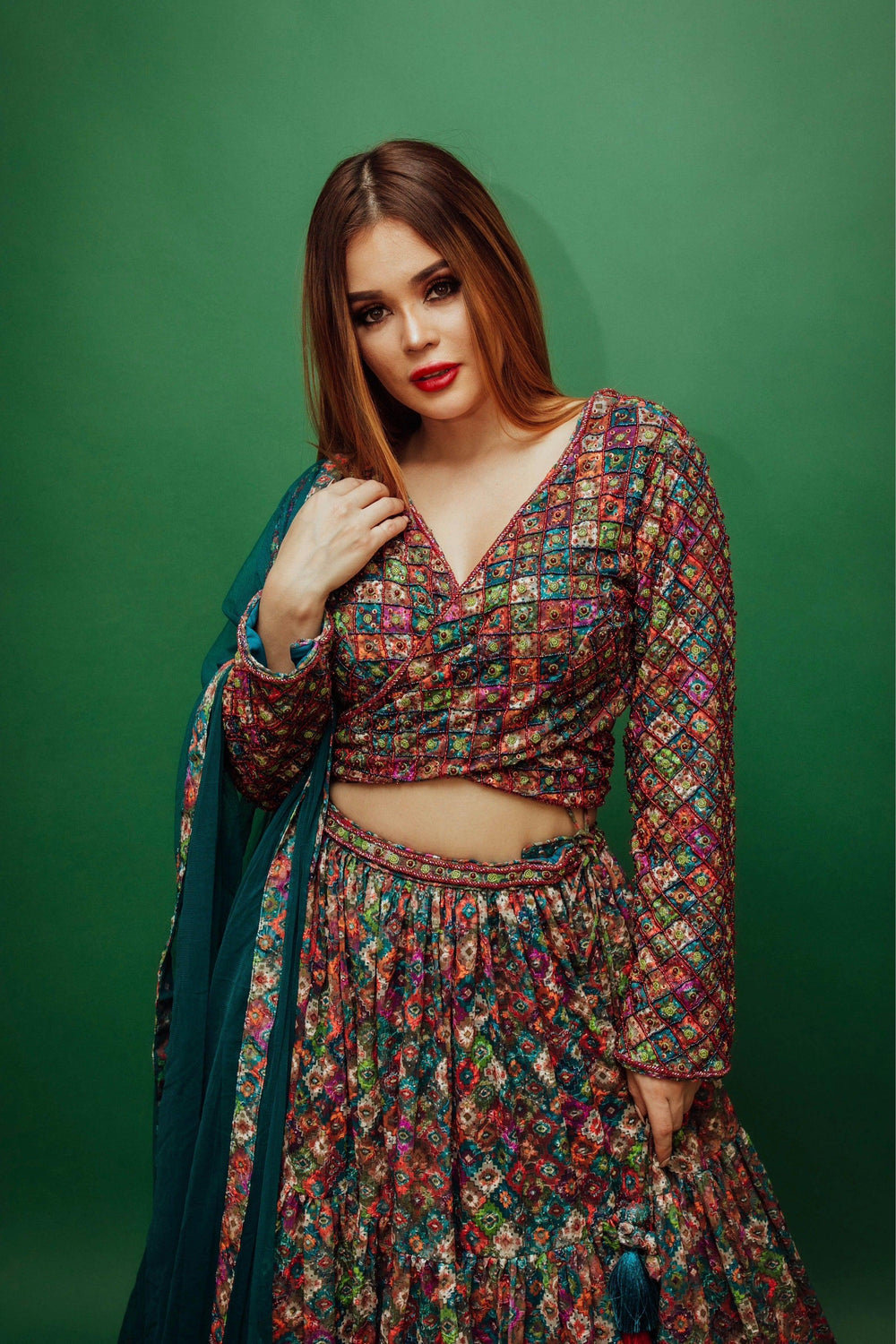 Long Sleeve Multicolor Sequin Lehenga-[mehendi outfit]-Raas