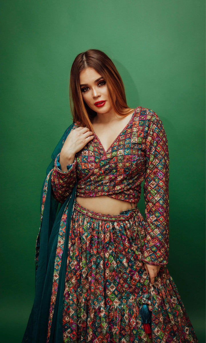 Long Sleeve Multicolor Sequin Lehenga-[mehendi outfit]-Raas