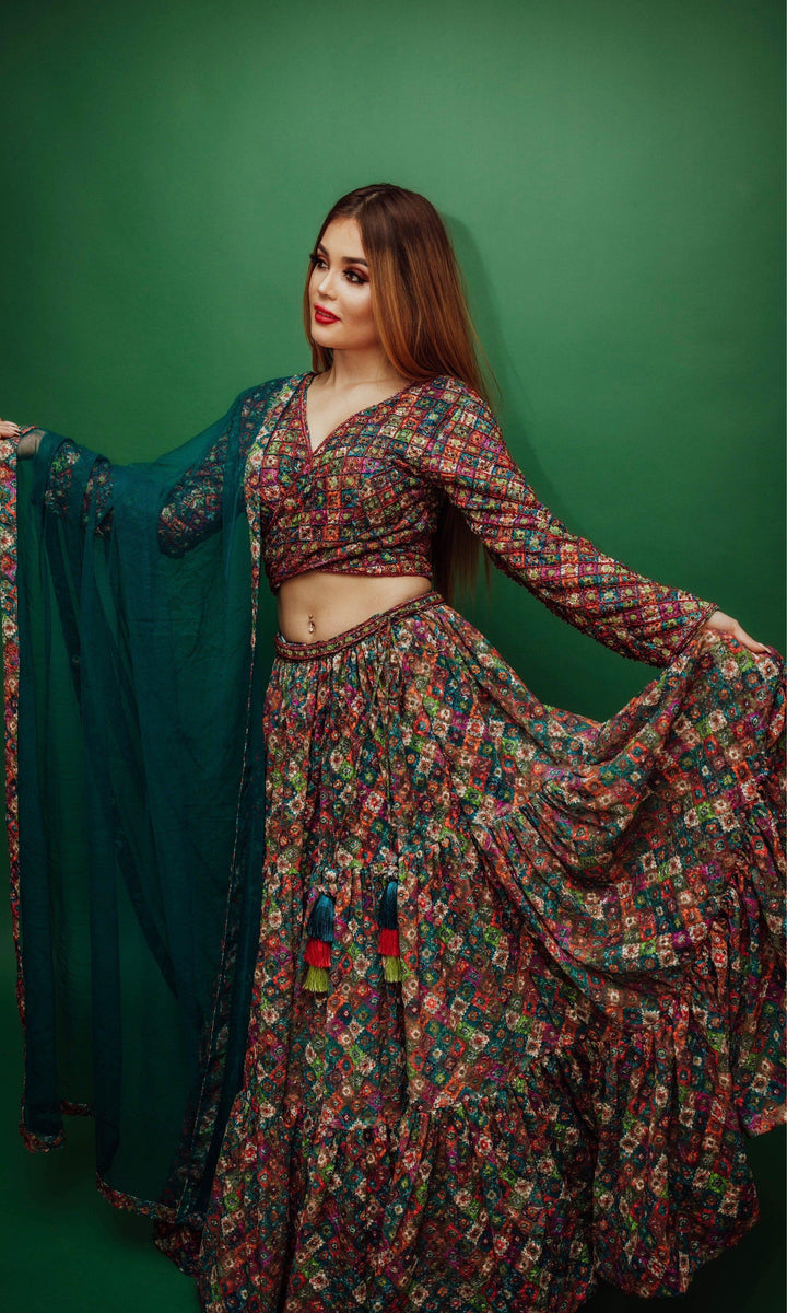 Long Sleeve Multicolor Sequin Lehenga-[mehendi outfit]-Raas