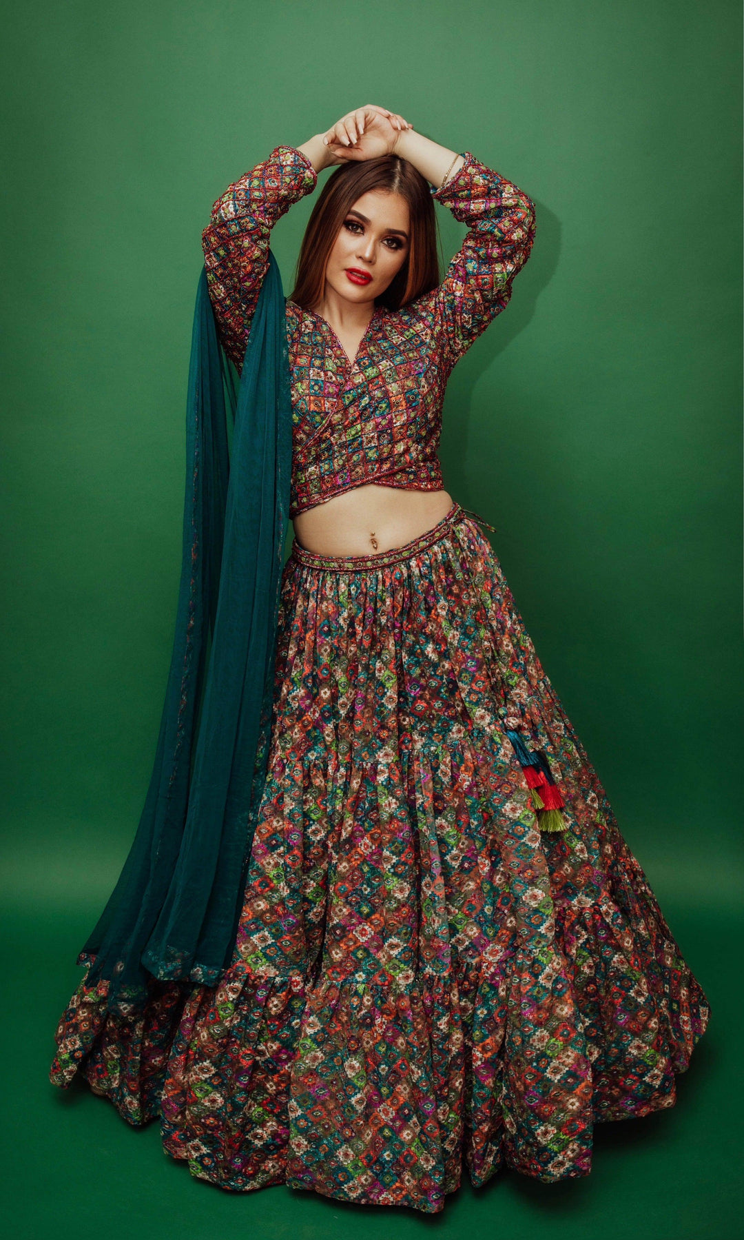 Long Sleeve Multicolor Sequin Lehenga-[mehendi outfit]-Raas