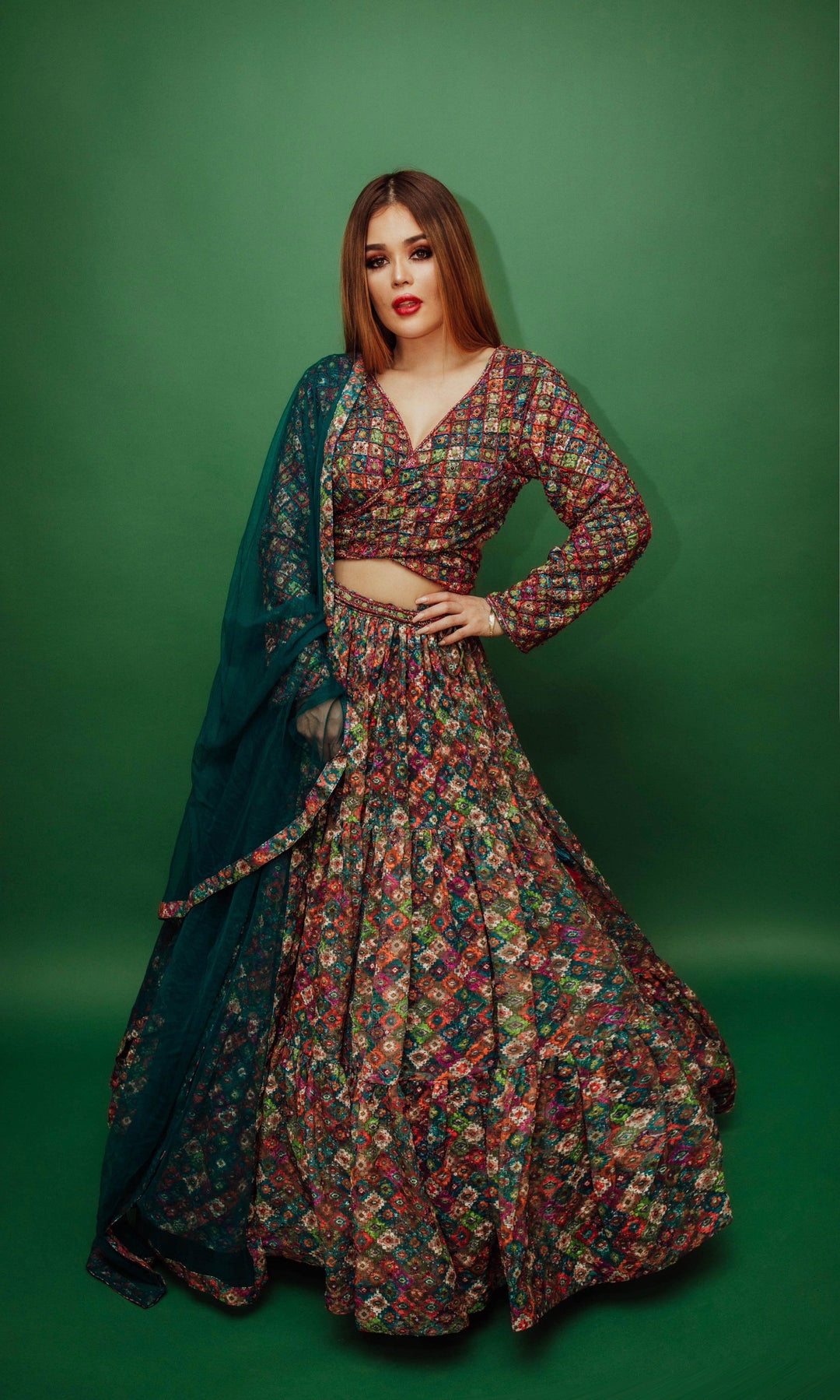 Long Sleeve Multicolor Sequin Lehenga: Premium USA Design | Raas XL / Multi Long Sleeve Multicolor Sequin Lehenga: Premium USA Design | Raas XL / Multi