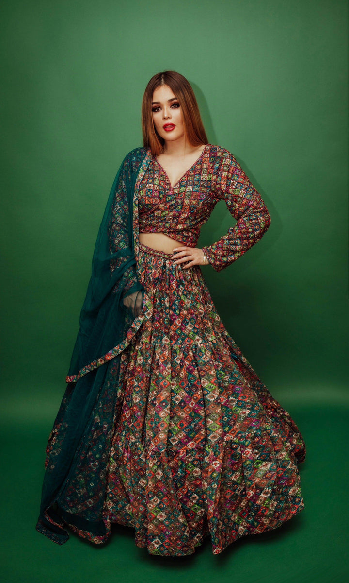 Long Sleeve Multicolor Sequin Lehenga-[mehendi outfit]-Raas