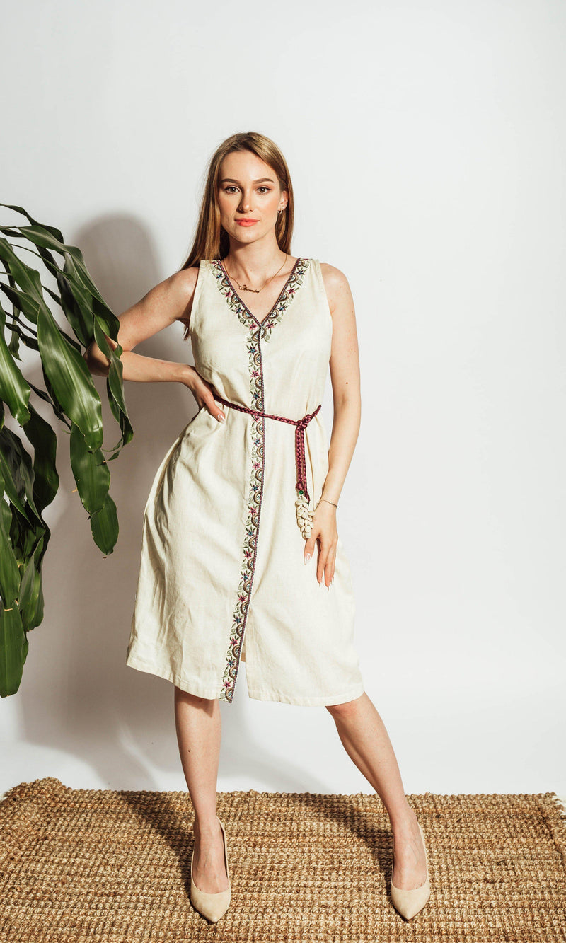 Off-white flex cotton midi dress with thread embroidery, sleeveless, and a maroon resham embroidered belt.