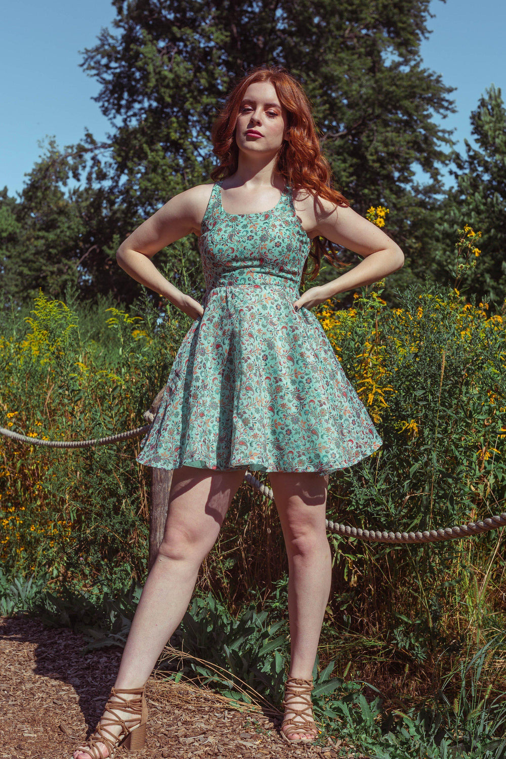 Multicolor short cotton-silk dress with all-over patterns, fit-and-flare silhouette, and flared hemline.