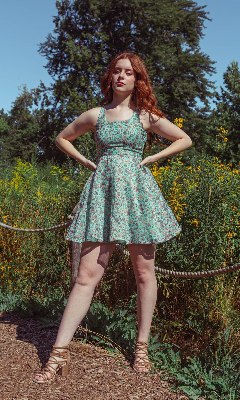 Multicolor short cotton-silk dress with all-over patterns, fit-and-flare silhouette, and flared hemline.