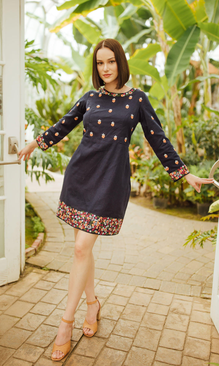 Navy Mini Dress with Embroidery-Raas USA