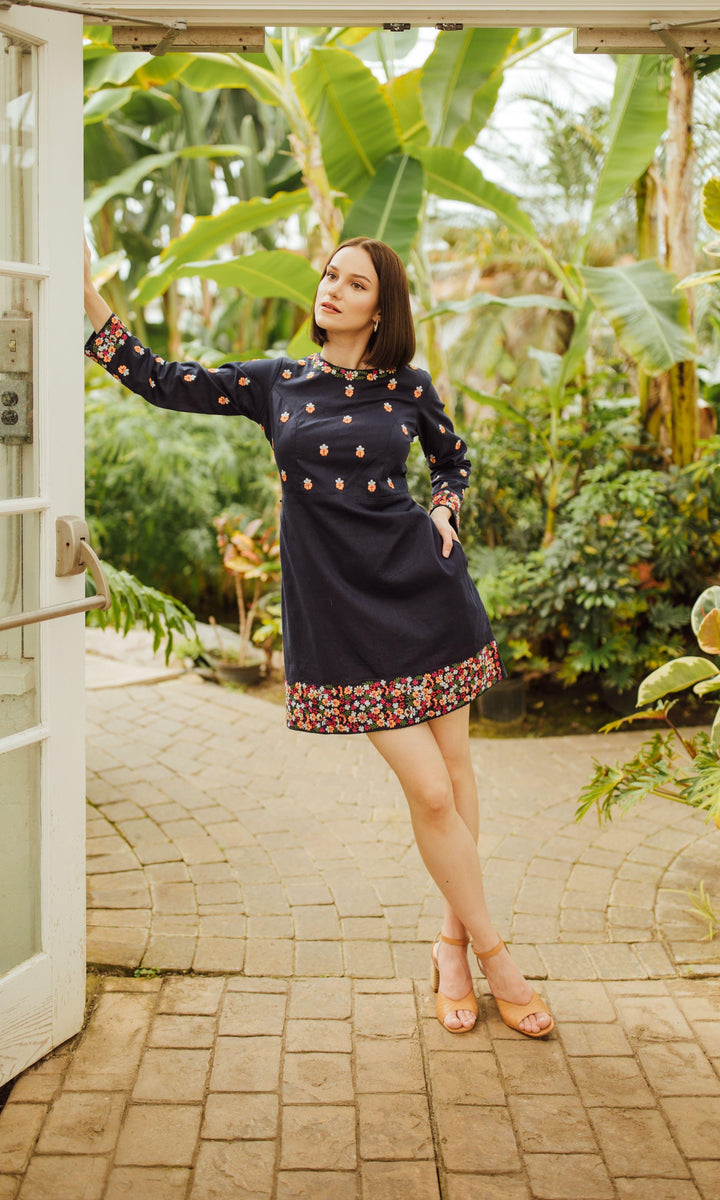 Navy Mini Dress with Embroidery-Raas USA