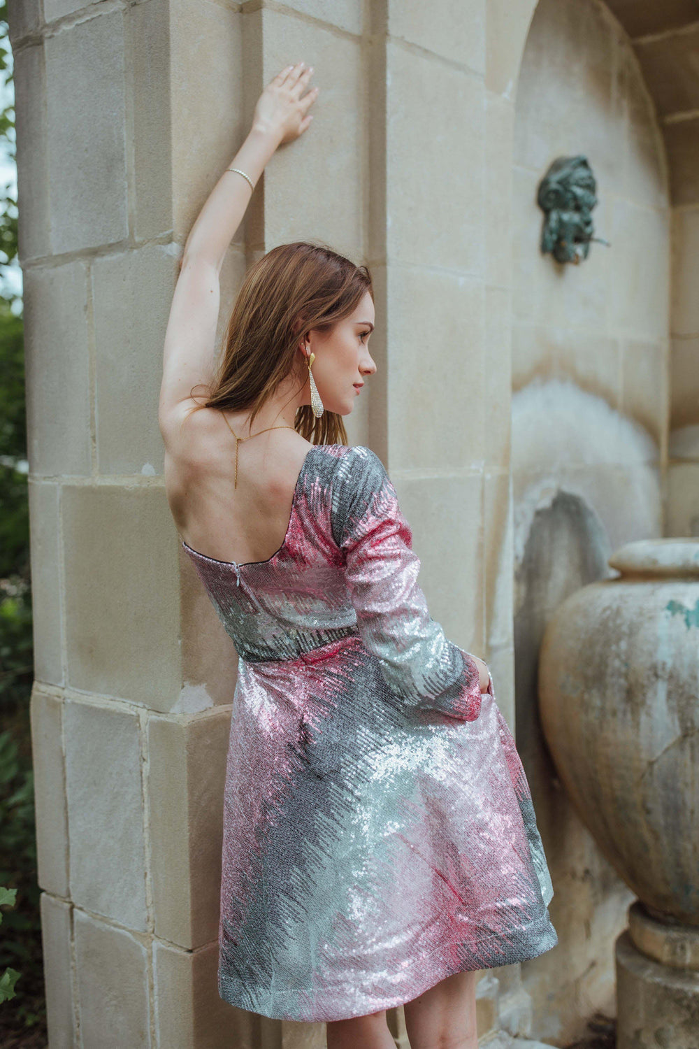 One-shoulder mini dress in georgette, featuring all-over multi-color sequins embroidery and a back zipper.