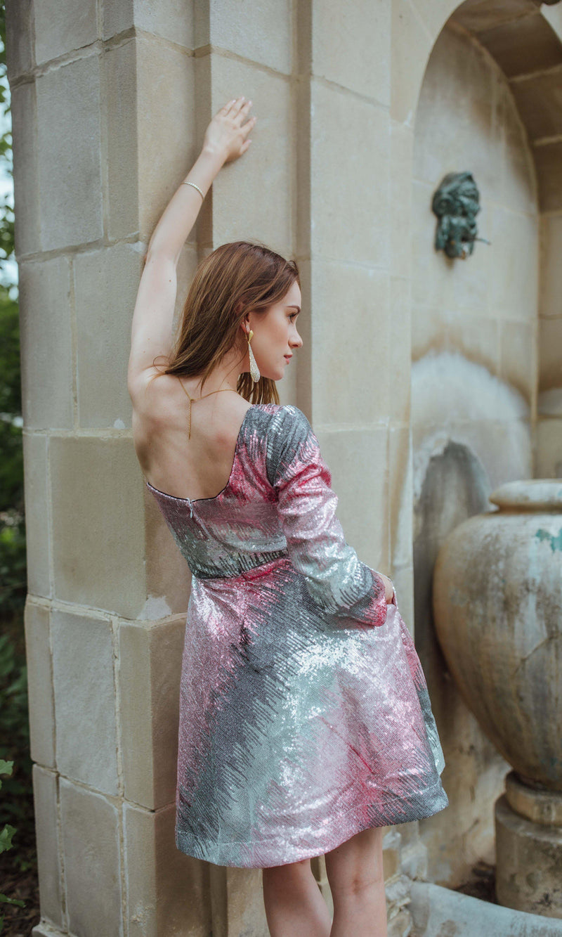 One-shoulder mini dress in georgette, featuring all-over multi-color sequins embroidery and a back zipper.