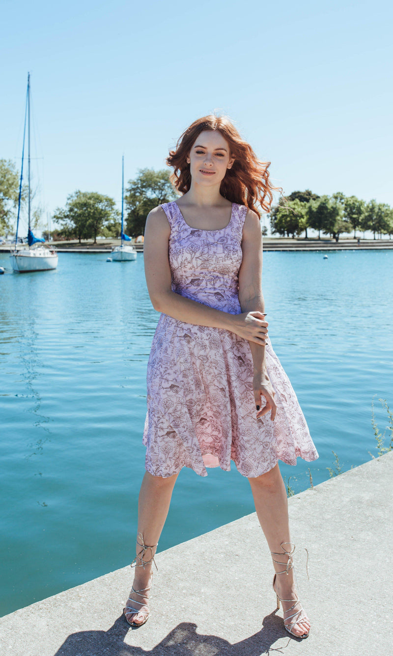 Pink mul cotton midi dress with all-over thread embroidery, sleeveless design, and a flattering silhouette.
