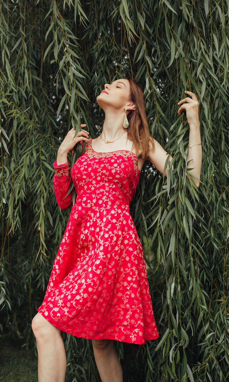 Dark pink silk one-shoulder mini dress with golden hand embroidery, worn by a model against green foliage.