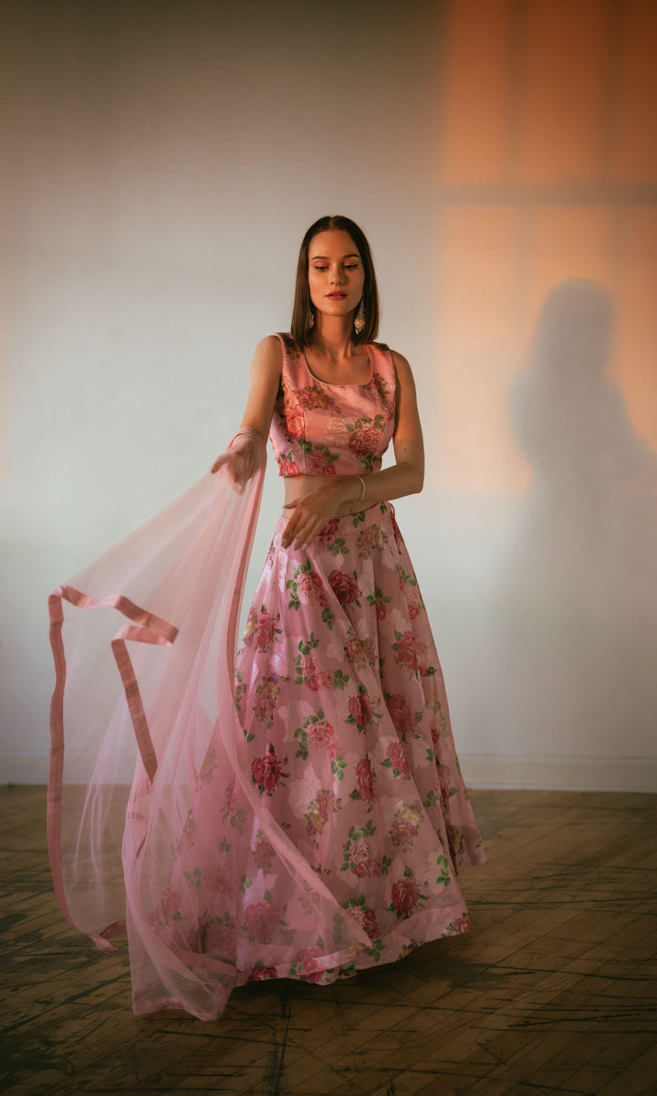Pink Organza Silk Lehenga Choli-Raas USA