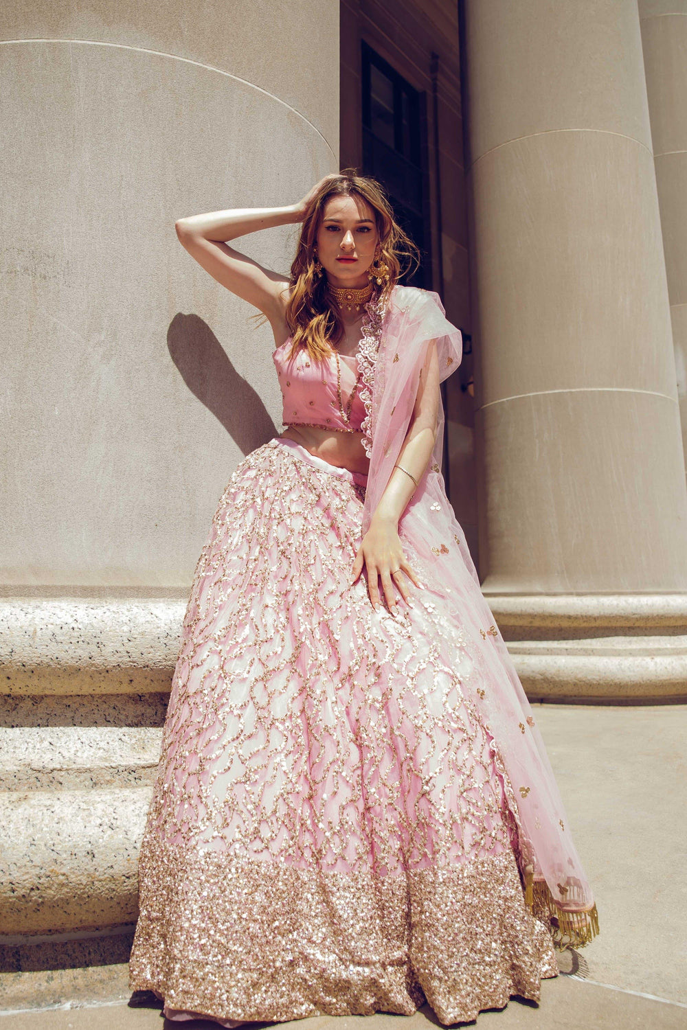 Pink Sequins Lehenga Choli — Lightweight Net & Silk Wedding Wear USA-[mehendi outfit]-Raas