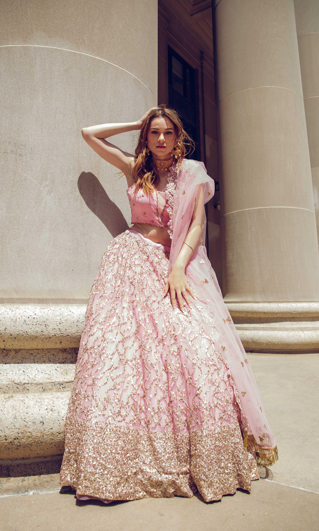 Pink Sequins Lehenga Choli — Lightweight Net & Silk Wedding Wear USA-[mehendi outfit]-Raas
