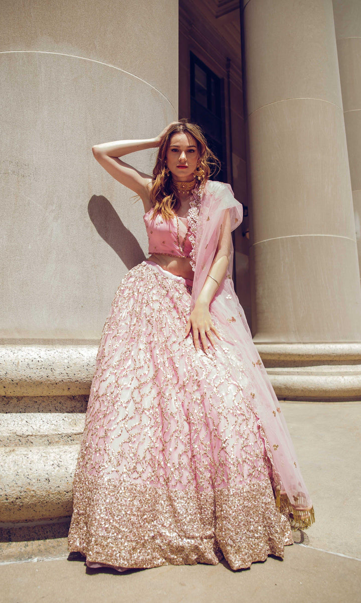 Pink Sequins Lehenga Choli — Lightweight Net & Silk Wedding Wear USA-[mehendi outfit]-Raas
