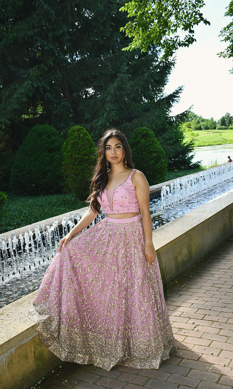 Pink Sequins Lehenga Choli — Lightweight Net & Silk Wedding Wear USA-[mehendi outfit]-Raas