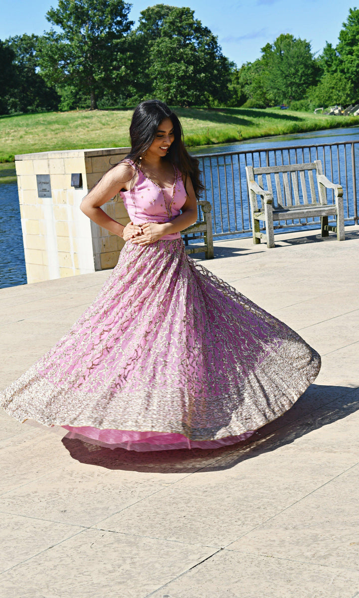 Pink Sequins Lehenga Choli — Lightweight Net & Silk Wedding Wear USA-[mehendi outfit]-Raas