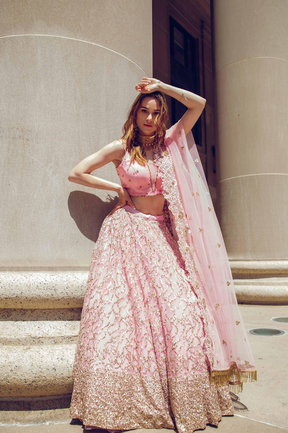 Pink Sequins Lehenga Choli — Lightweight Net & Silk Wedding Wear USA-[mehendi outfit]-Raas