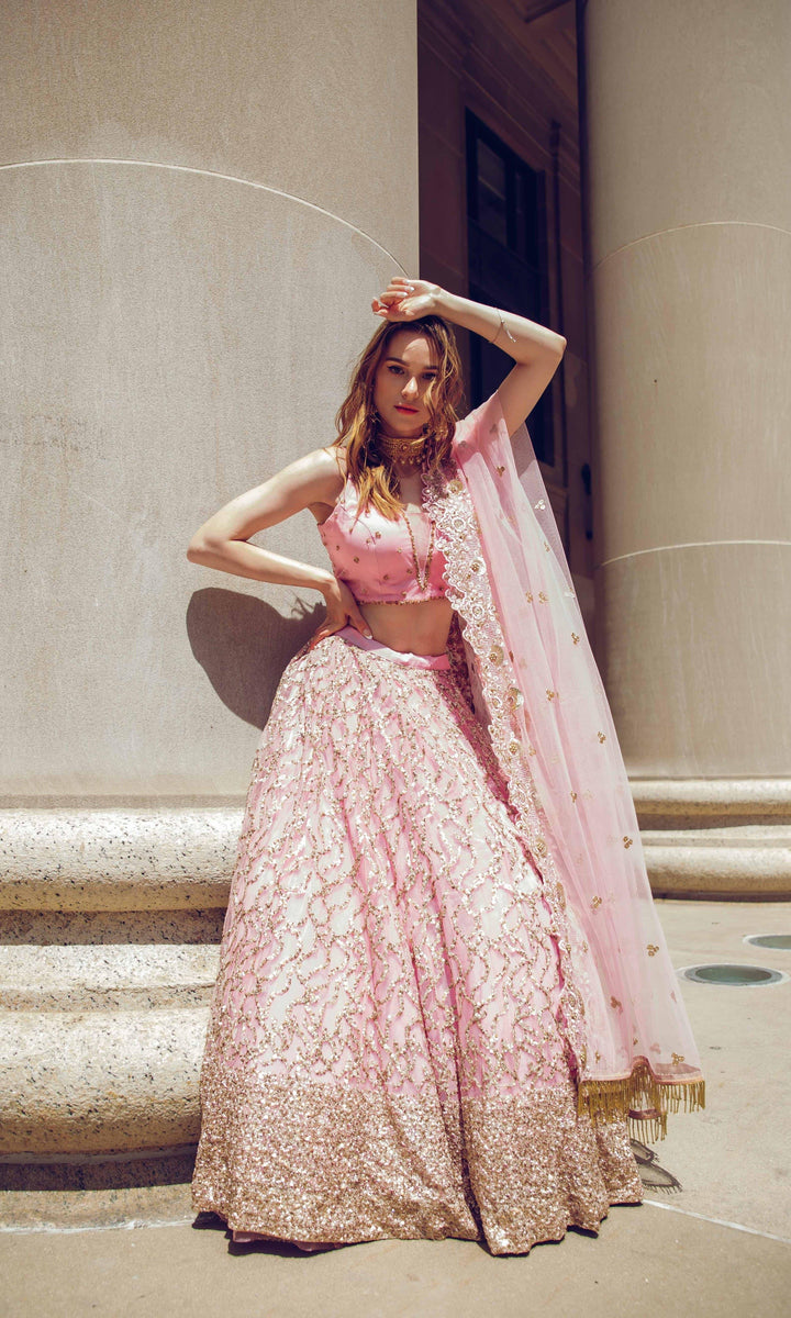 Pink Sequins Lehenga Choli — Lightweight Net & Silk Wedding Wear USA-[mehendi outfit]-Raas