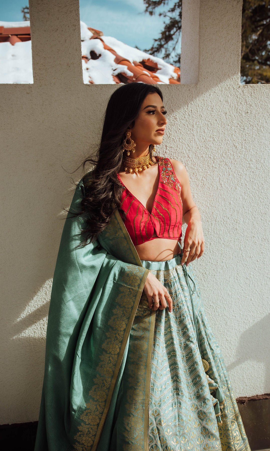 Pista Banarasi Lehenga Set-[mehendi outfit]-Raas