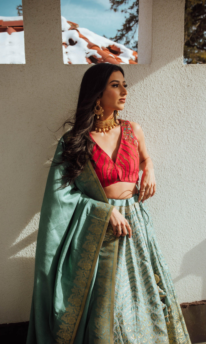 Pista Banarasi Lehenga Set-[mehendi outfit]-Raas