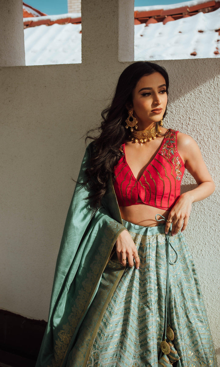 Pista Banarasi Lehenga Set-[mehendi outfit]-Raas