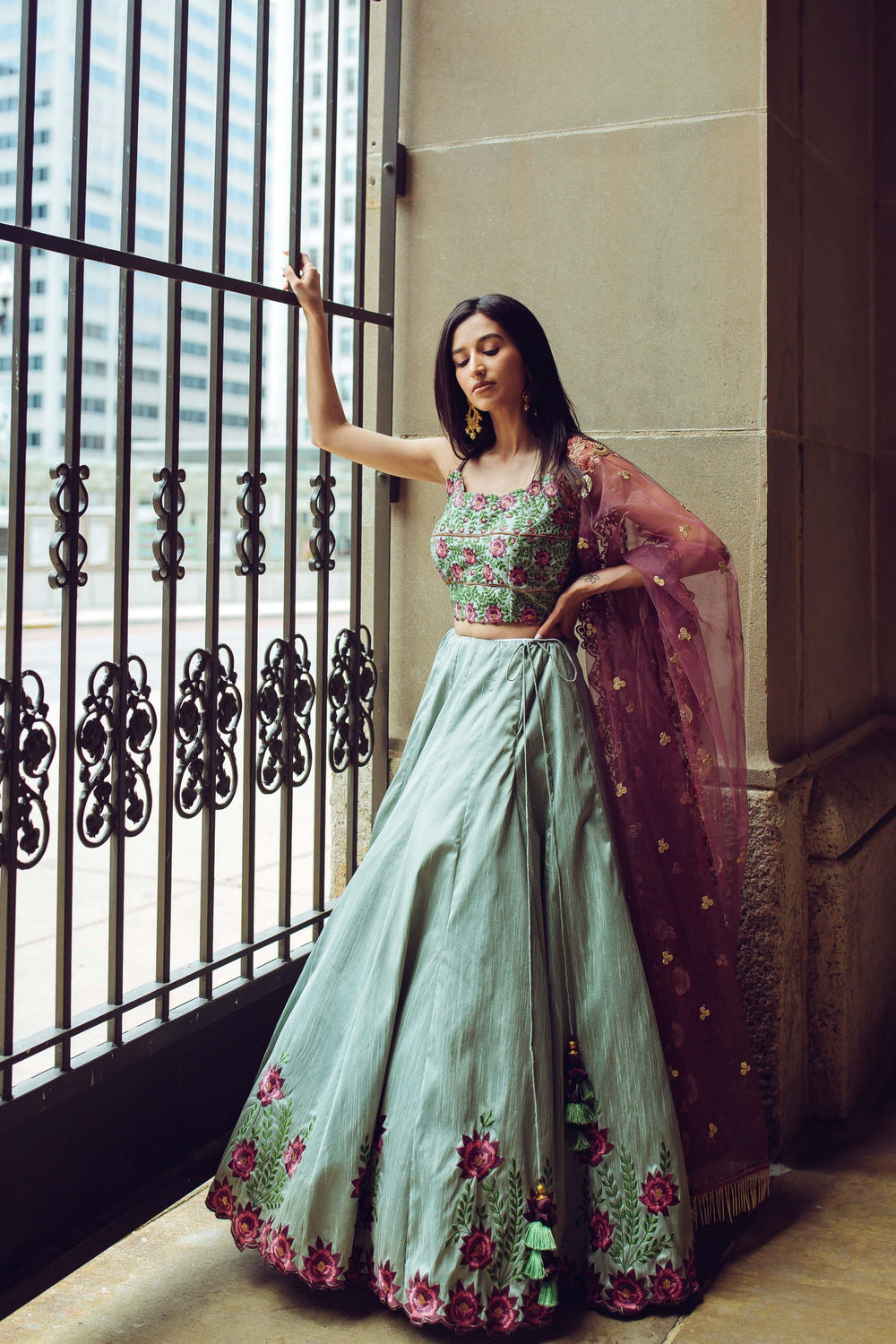 Pista Embroidered Silk Lehenga Choli Set-[mehendi outfit]-Raas