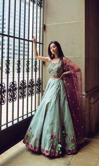 Pista Embroidered Silk Lehenga Choli Set-[mehendi outfit]-Raas