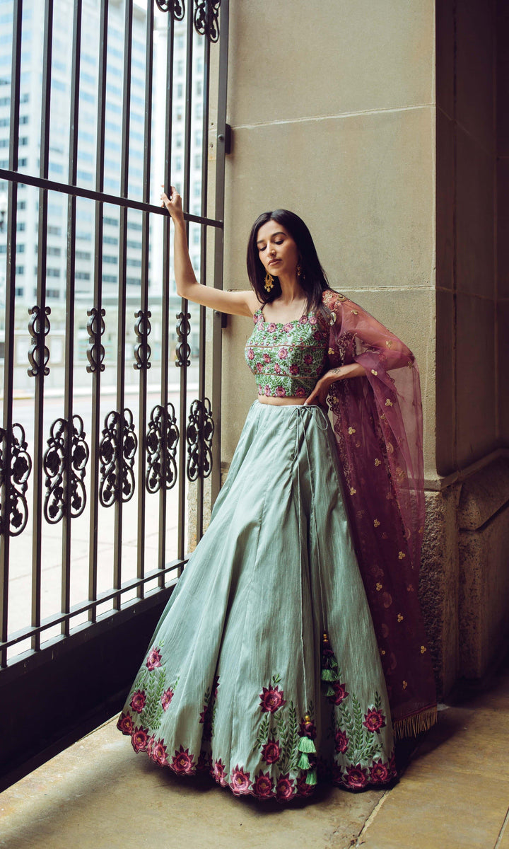 Pista Embroidered Silk Lehenga Choli Set-[mehendi outfit]-Raas