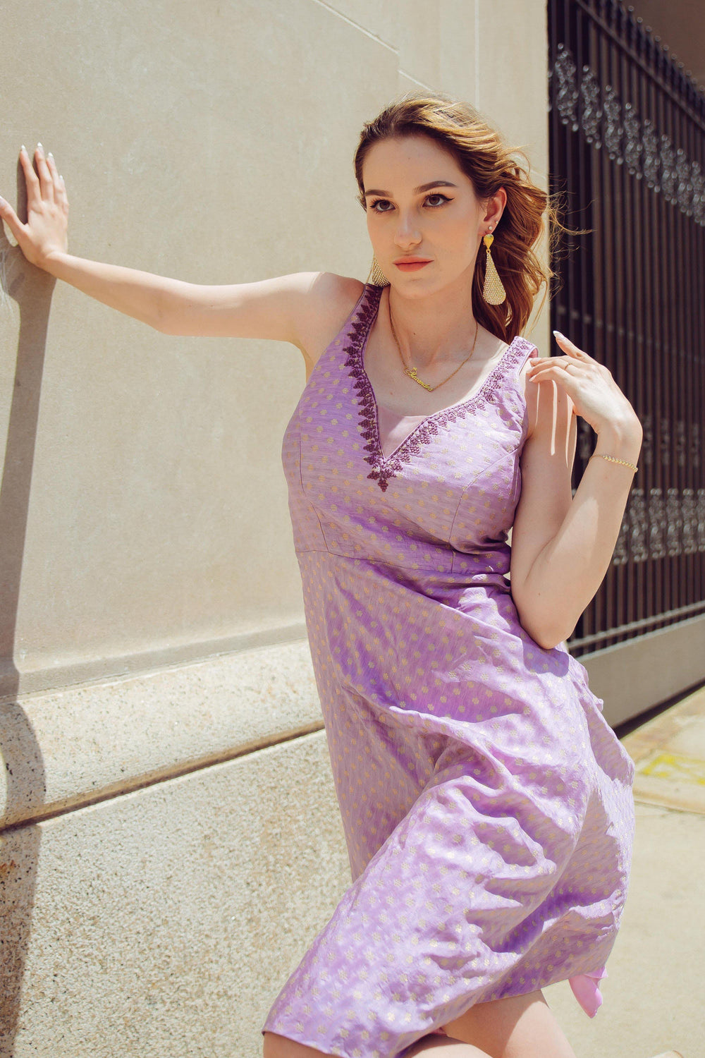 Viorel Purple Midi Dress: Silk, embroidered neckline, all-over jacquard butta work, sleeveless.