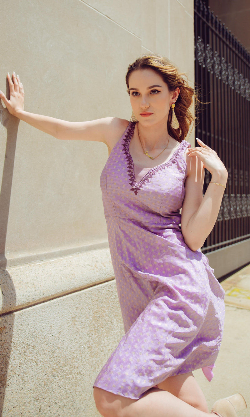 Viorel Purple Midi Dress: Silk, embroidered neckline, all-over jacquard butta work, sleeveless.