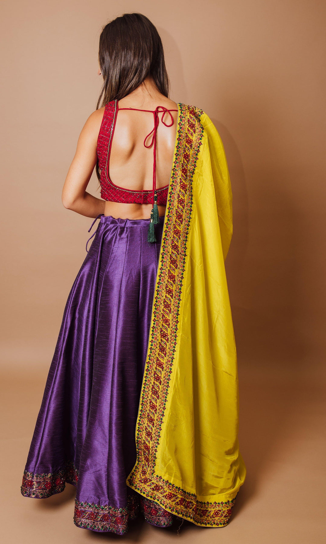 Purple and red Lehenga Choli Set with Yellow Dupatta-Raas USA