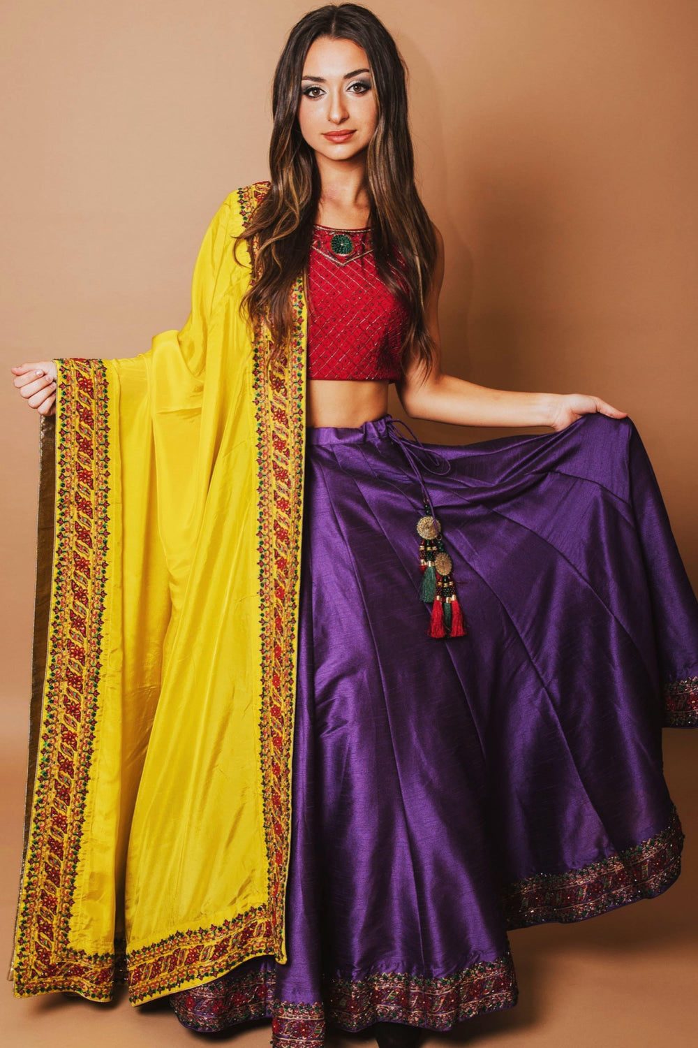 Purple and red Lehenga Choli Set with Yellow Dupatta-[haldi_outfit]-Raas
